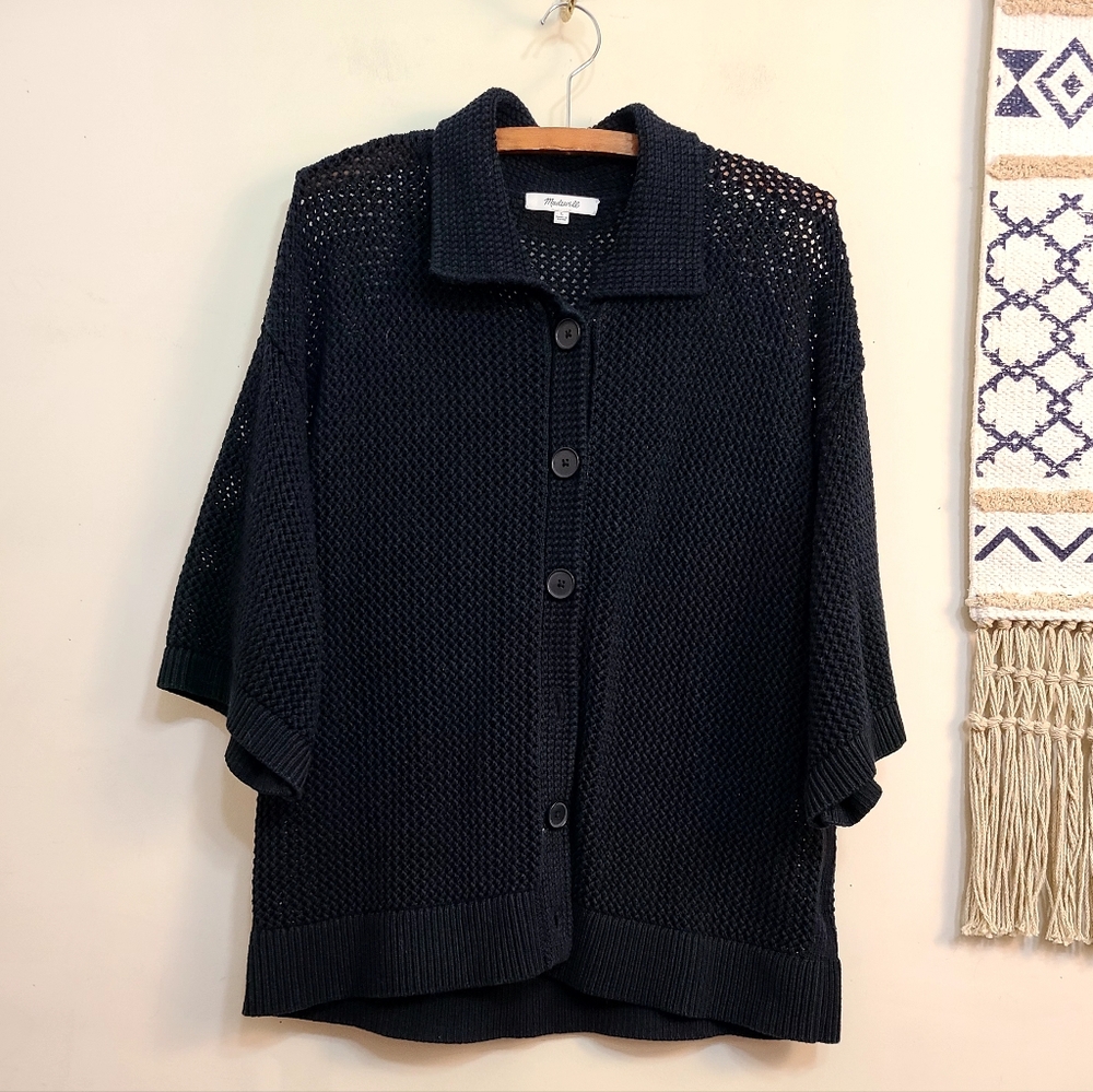 Madewell Open-Stitch Polo Cardigan In Black Size Large - Picture 3 of 5